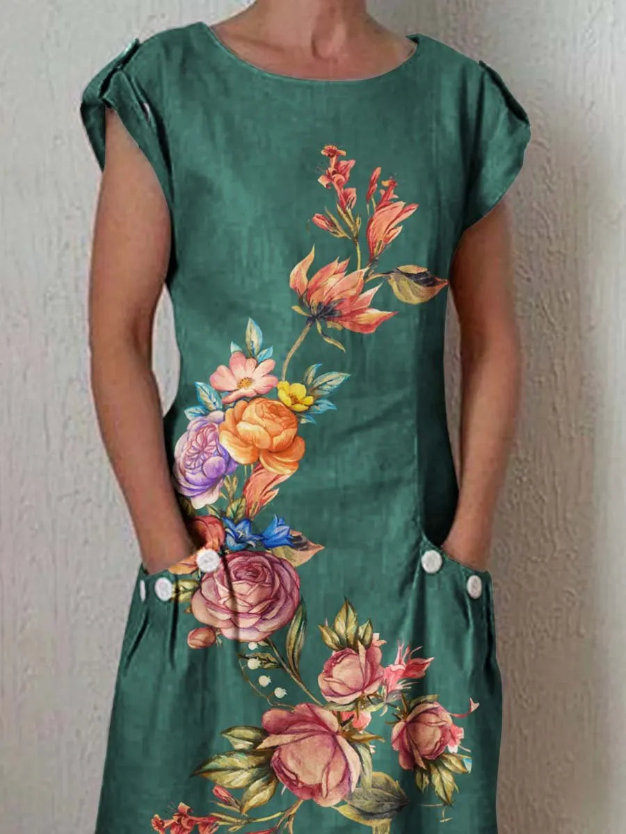 Women's Classic Floral Pattern Cotton and Linen Dress