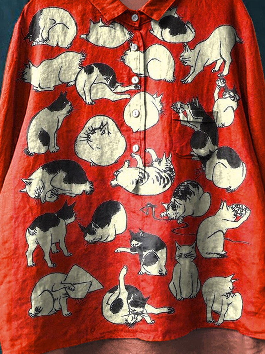 Vintage Funny Cats Art Print Casual Cotton And Linen Shirt