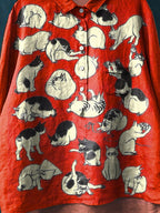 Vintage Funny Cats Art Print Casual Cotton And Linen Shirt