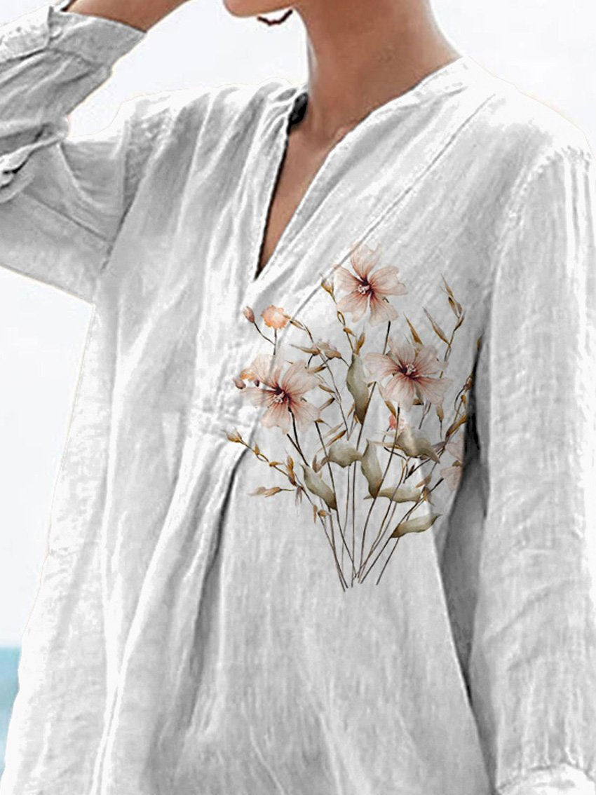 Watercolor Floral Bush Printed Women's Casual Linen V-neck Shirt