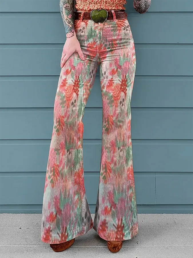 Women's Vintage Floral Print Mid-Rise Button-Hem Bootcut Pants (Without Belt)