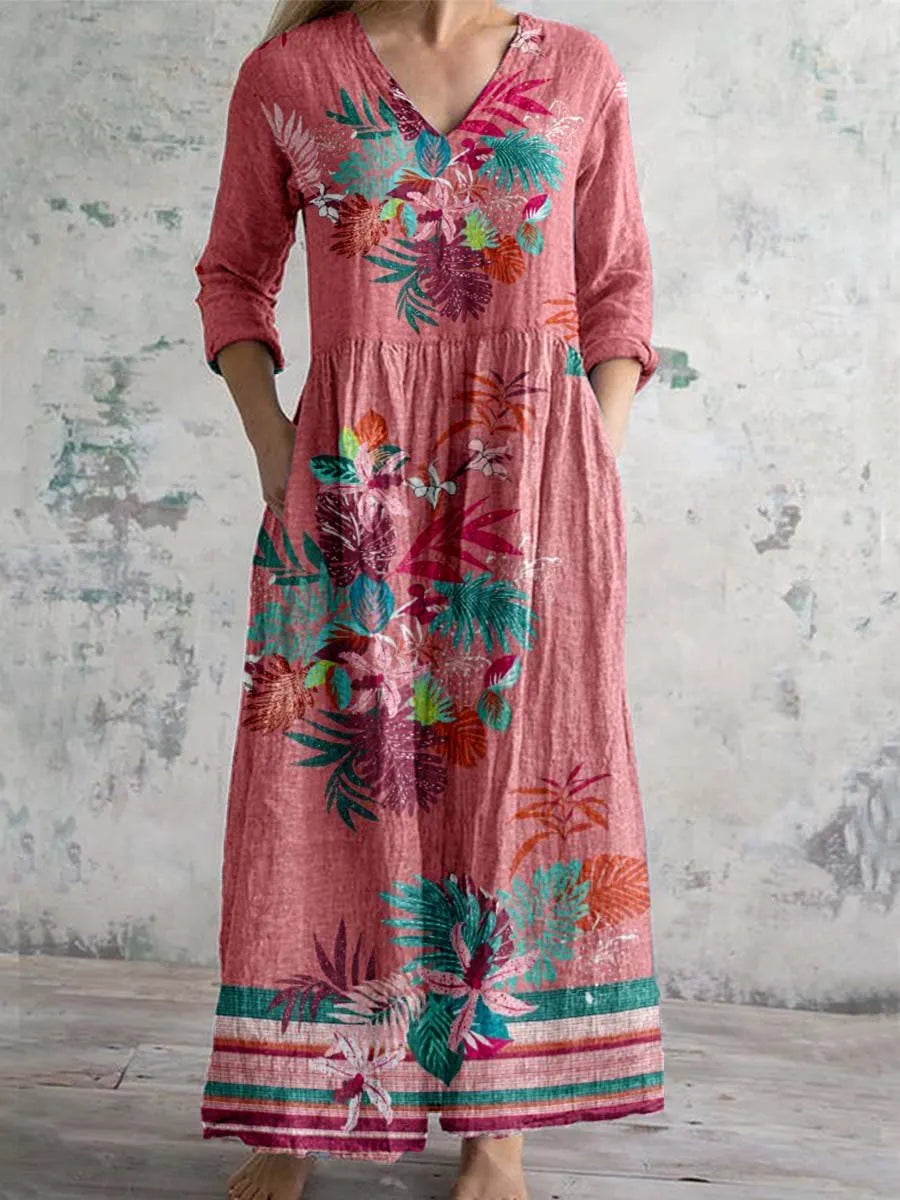 123-240608-20Women's V-neck Elegant Floral Pattern Cotton Dress