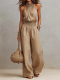 Khaki Halter-Neck Waist-Cinching Jumpsuit
