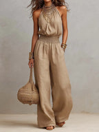 Khaki Halter-Neck Waist-Cinching Jumpsuit