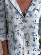 Women's Vintage Floral Art Print Casual Linen And Cotton Pocket Coat