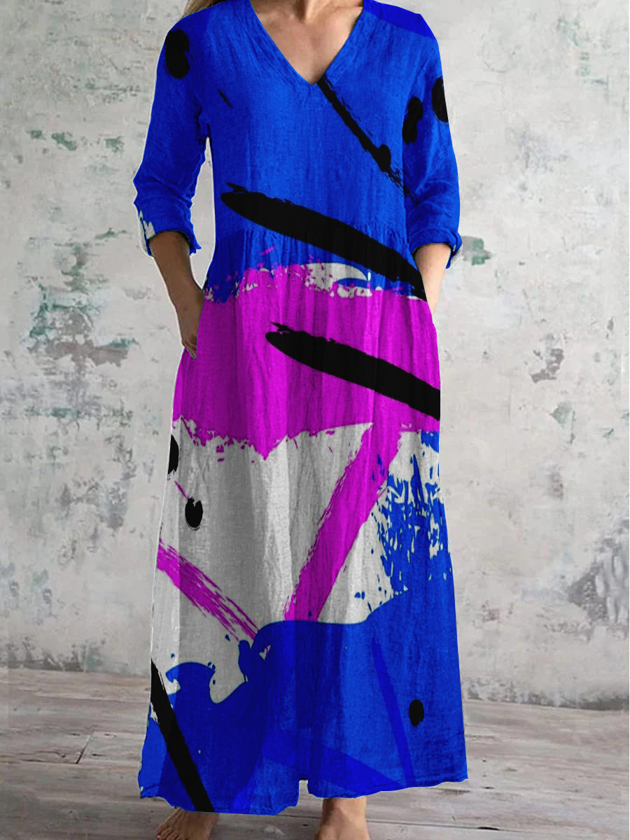 Women's V-Neck Abstract Geometric Art Cotton And Linen Pocket Dress