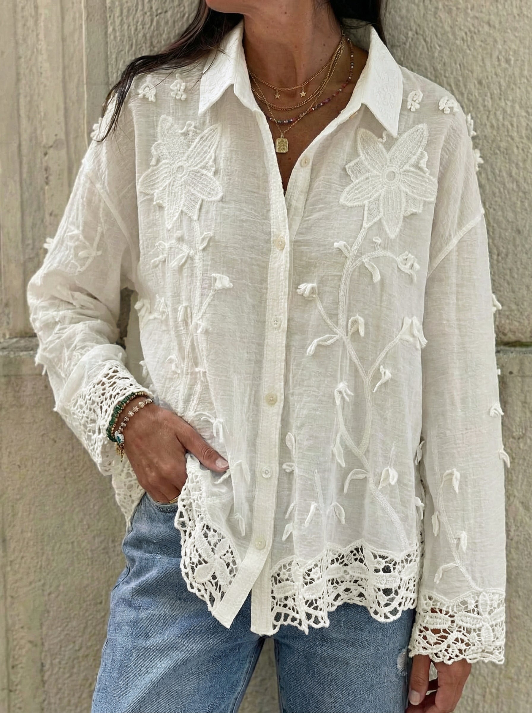 Cotton and linen collared 3D embroidered shirt