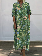 Women's Vintage Lovely Animals Woodland  Art Print Pocket Cotton Dress
