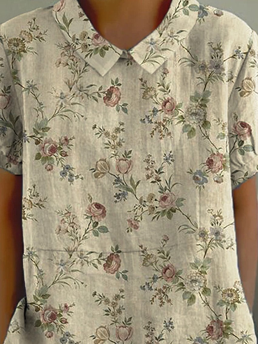 Vintage Style Small Rose Pattern Printed Women's Casual Cotton And Linen Shirt