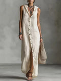Women's Vintage Elegant Sleeveless Button-down Maxi Dress