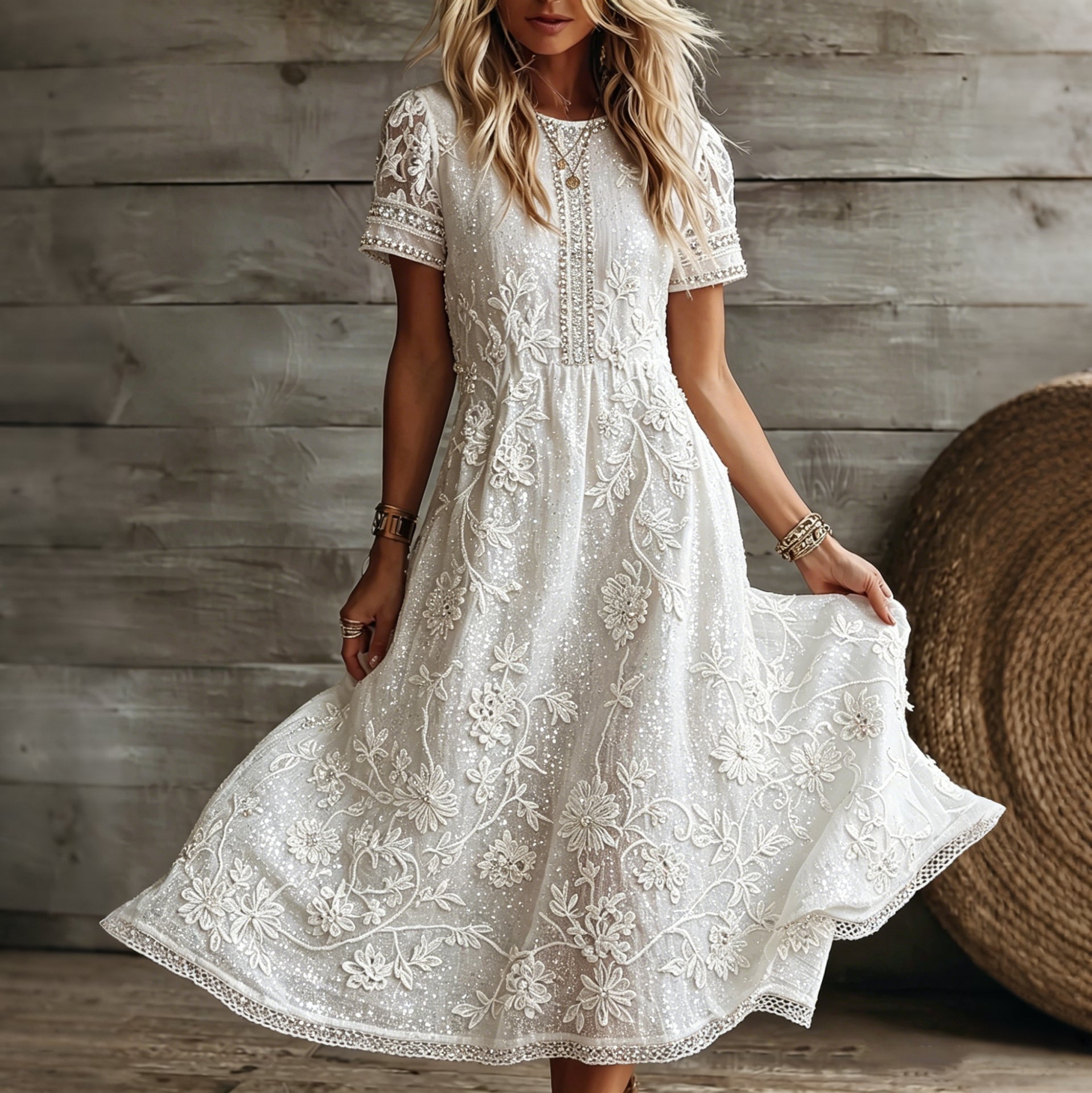 Women's White Rose Art Embroidered Linen Blend Round Neck Maxi Dress