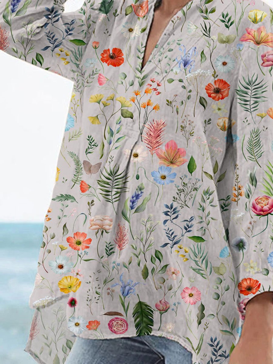 Women's Vintage Lovely Floral Art Print Casual Linen V-neck Shirt