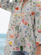 Women's Vintage Lovely Floral Art Print Casual Linen V-neck Shirt