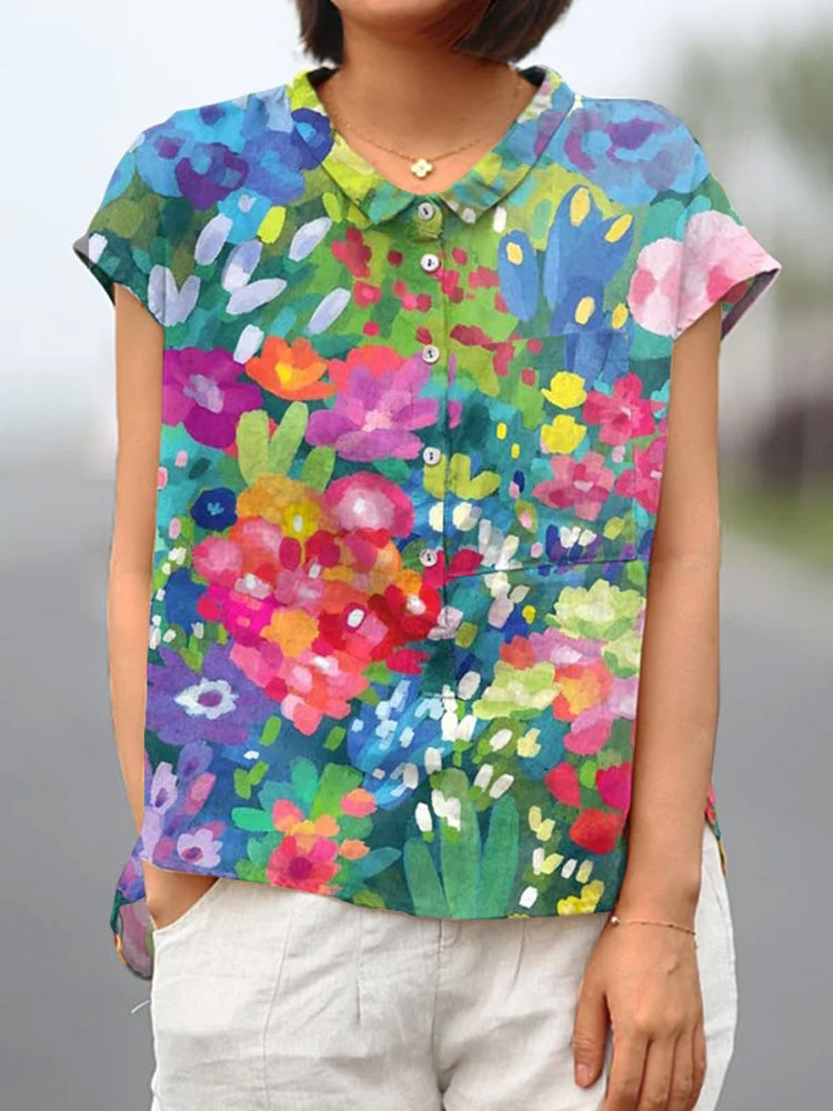Women's Floral Print Casual Cotton And Linen Short-Sleeved Shirt