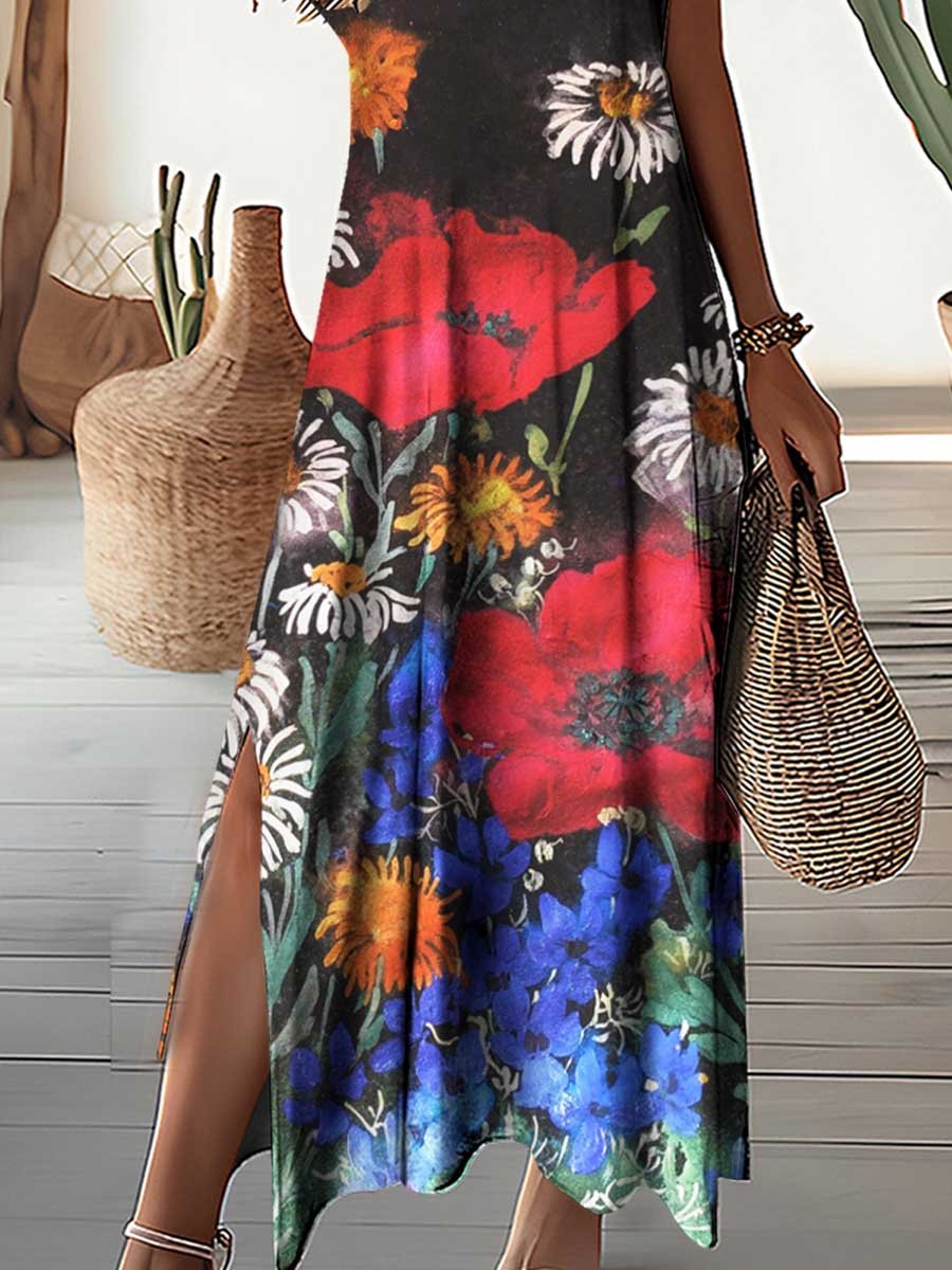 Women's V-Neck Poppy Flower Pattern Seaside Resort Style Dress