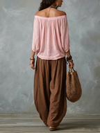 Pink Off-shoulder Top And Brown Loose-fitting Lantern Pants Suit