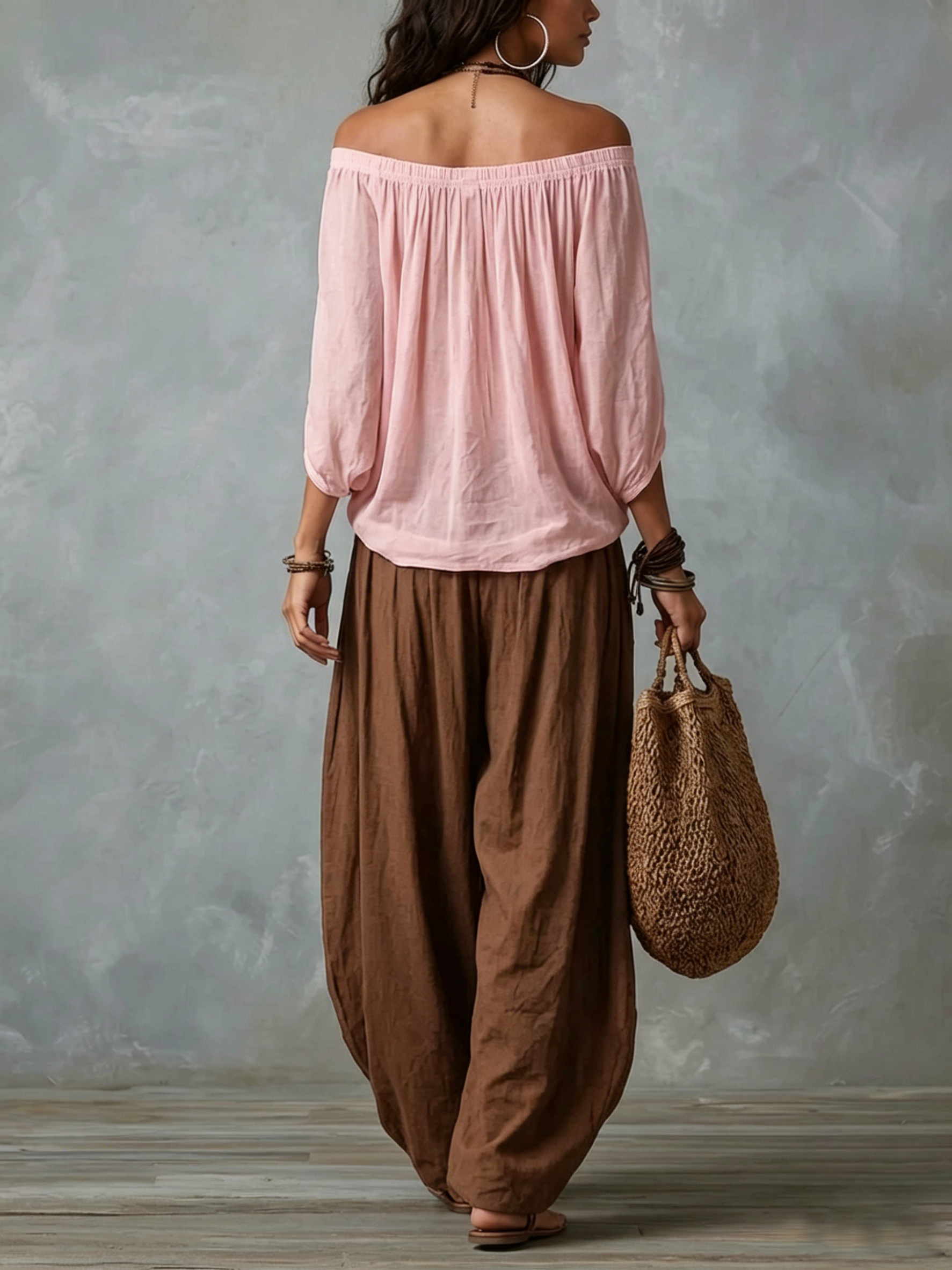 Pink Off-shoulder Top And Brown Loose-fitting Lantern Pants Suit
