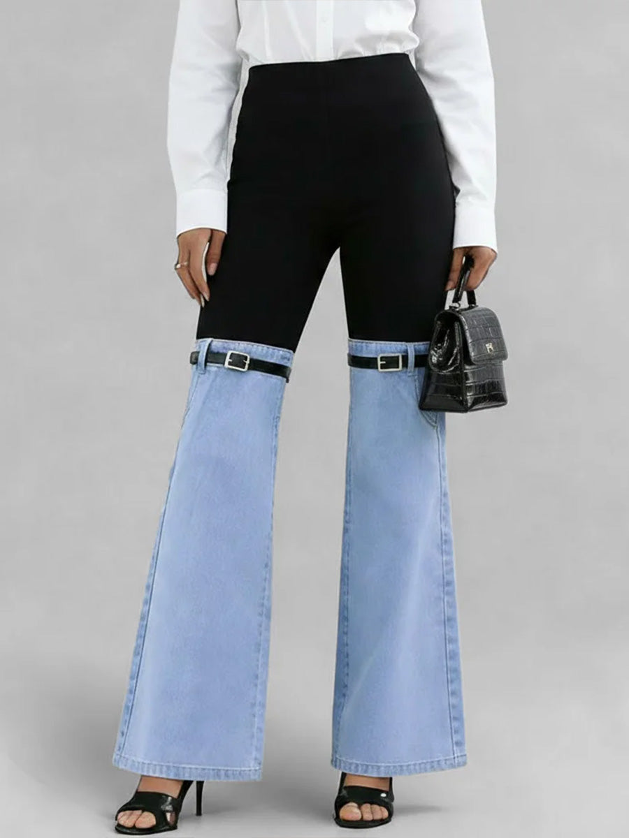 Women's High-waisted Color-blocked Loose-fitting Slightly Flared Jeans