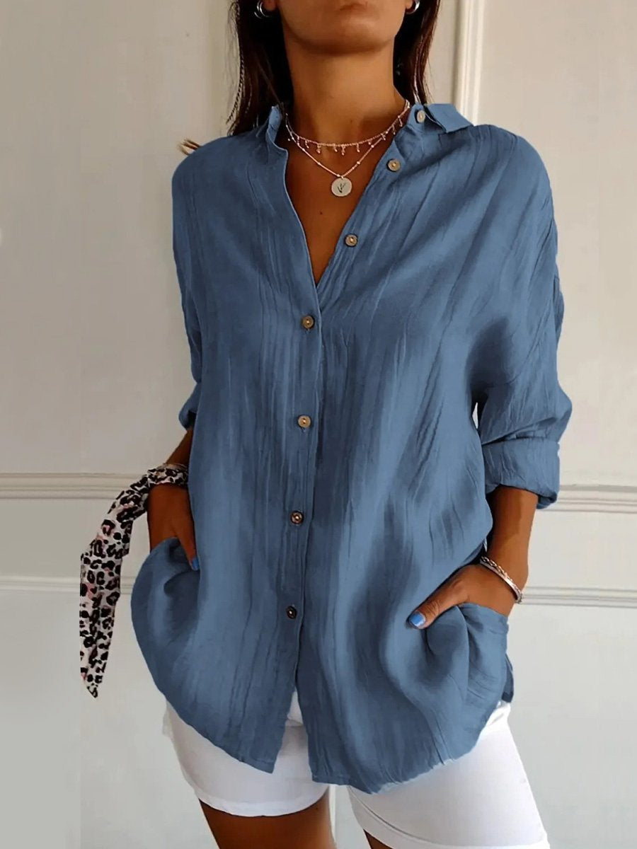 Women's Single-Row Buttons Pleated Solid Color Shirt