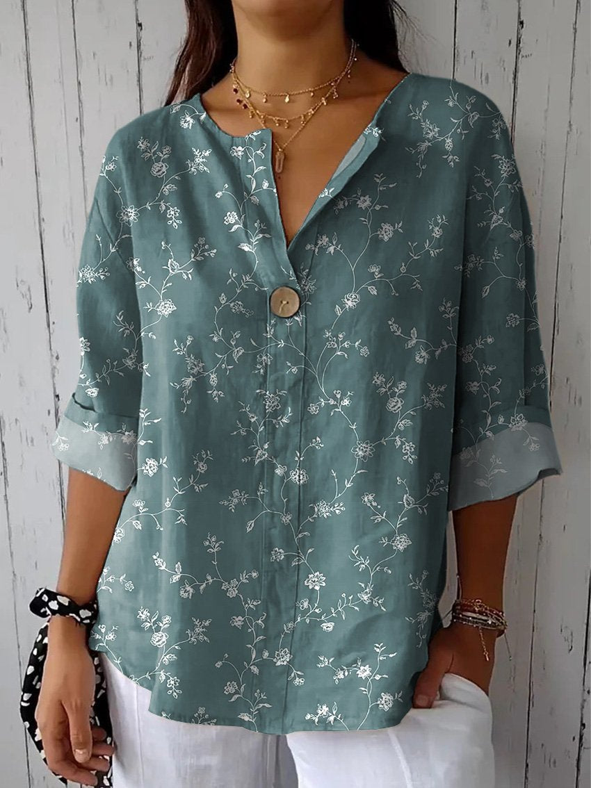 Small Floral And Vine Pattern Printed Women's Casual Cotton Linen Shirt