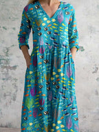 Women's V-neck Underwater World Pattern Cotton and Linen Dress With Pockets