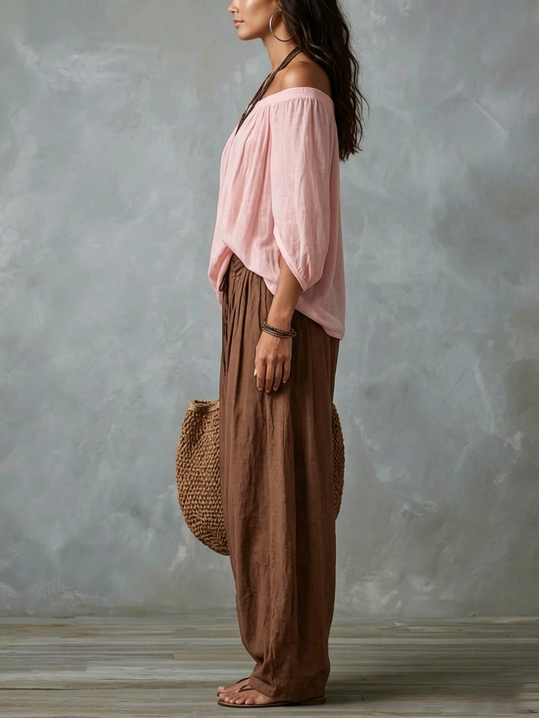 Pink Off-shoulder Top And Brown Loose-fitting Lantern Pants Suit