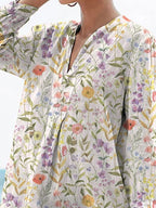 Watercolor Spring Field Pattern Printed Women's Casual Linen V-neck Shirt
