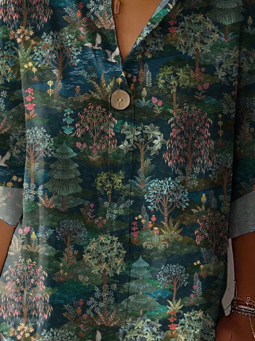 Tranquil Night Garden Repeat Pattern Printed Women's Casual Cotton Linen Shirt
