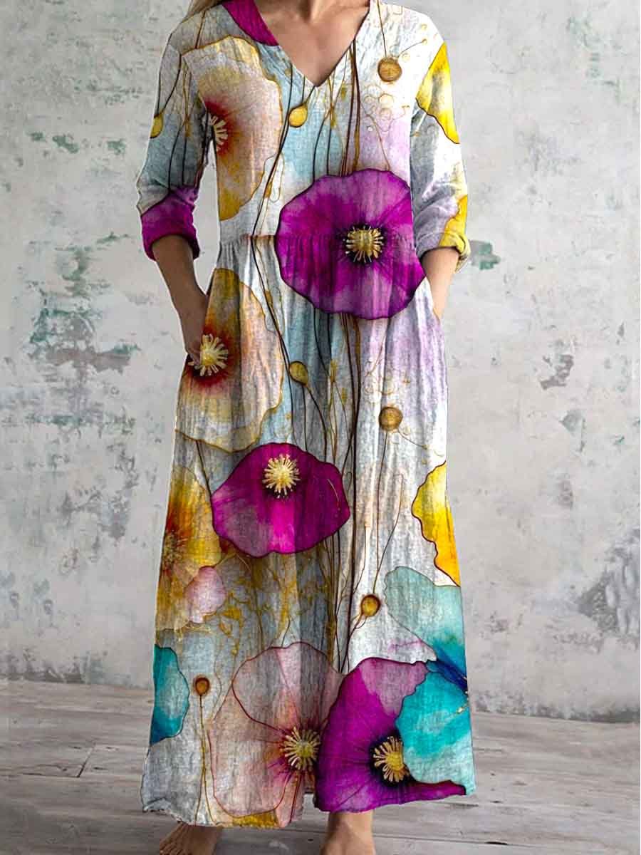 Women's V-neck Poppy Flower Pattern Resort Style Cotton And Linen Dress With Pockets