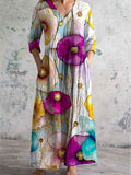 Women's V-neck Poppy Flower Pattern Resort Style Cotton And Linen Dress With Pockets