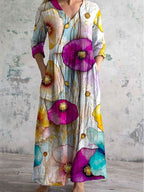 Women's V-neck Poppy Flower Pattern Resort Style Cotton And Linen Dress With Pockets