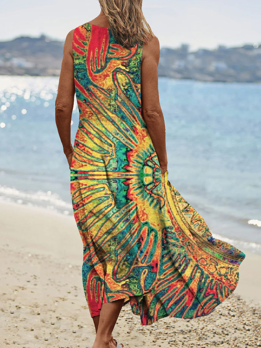 Women's Vintage Ethnic Line Pattern Round Neck Dress
