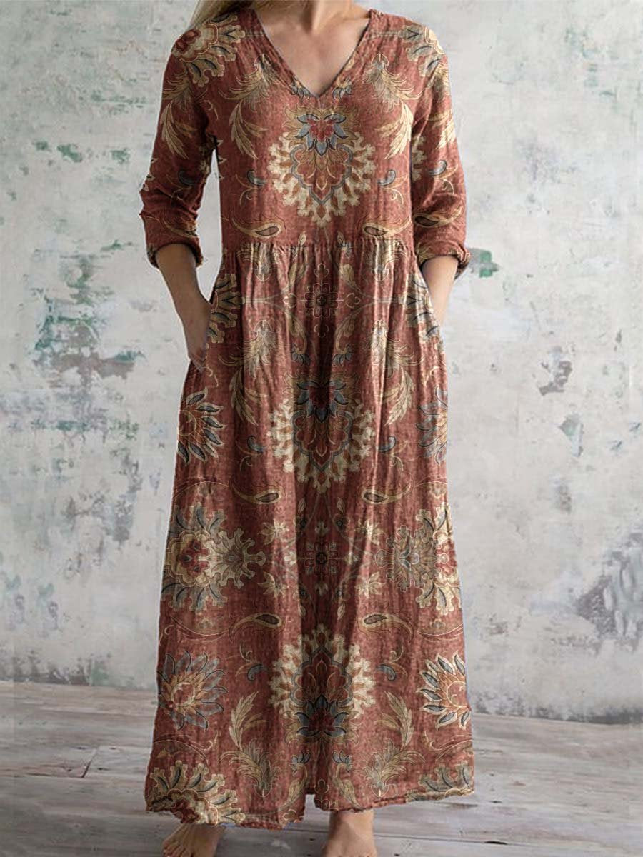 Women's V-neck Elegant Vintage Floral Pattern Cotton Shirt Dress
