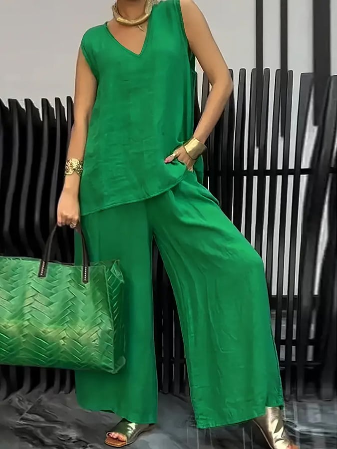 Women's casual commuter V-neck sleeveless shirt and trousers suit