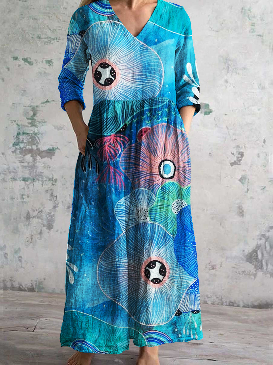 Women's V-Neck Elegant Art Irregular Pattern Long Sleeve Dresses