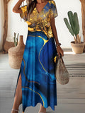 Women's Floral Alcohol Ink Art Print Pocket V Neck Long Dress Maxi Dress