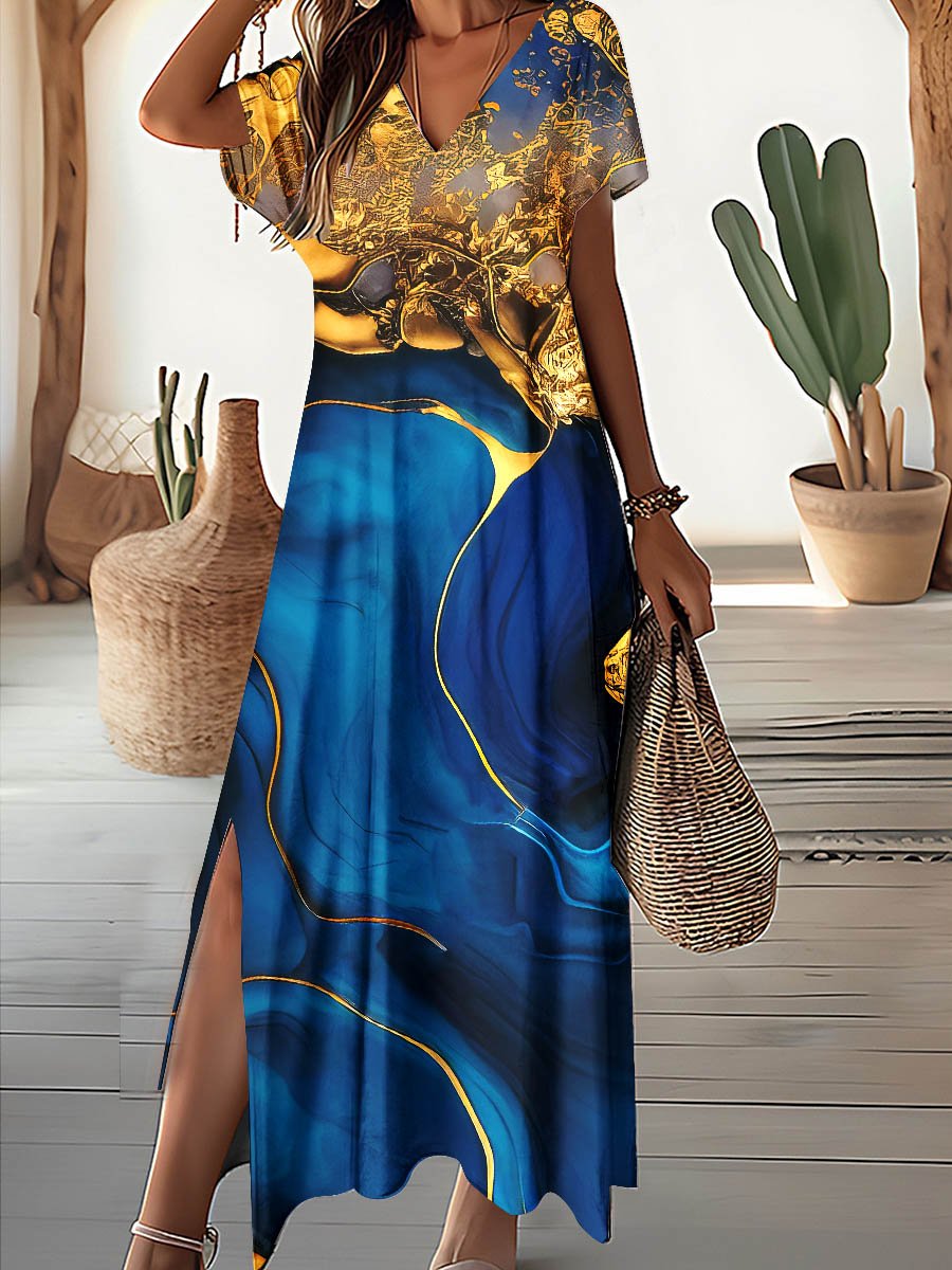 Women's Floral Alcohol Ink Art Print Pocket V Neck Long Dress Maxi Dress