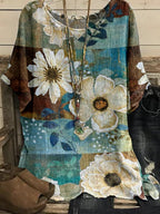 Women's Round Neck Floral Pattern Vintage Top