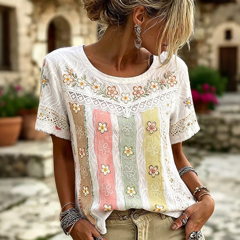 Women's Floral Patchwork Art Pattern Casual T-shirt