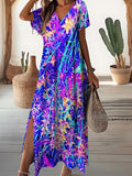 Women's V-Neck Vintage Abstract Bamboo Pattern Dress