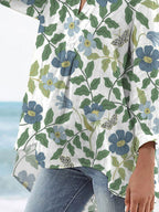 Women's Vintage Lovely Floral Art Print Casual Linen V-neck Shirt