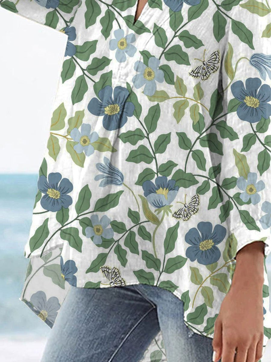 Women's Vintage Lovely Floral Art Print Casual Linen V-neck Shirt
