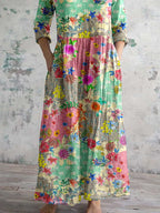 Women's Elegant Floral Pattern V-Neck Cotton Fabric Dress with Pockets