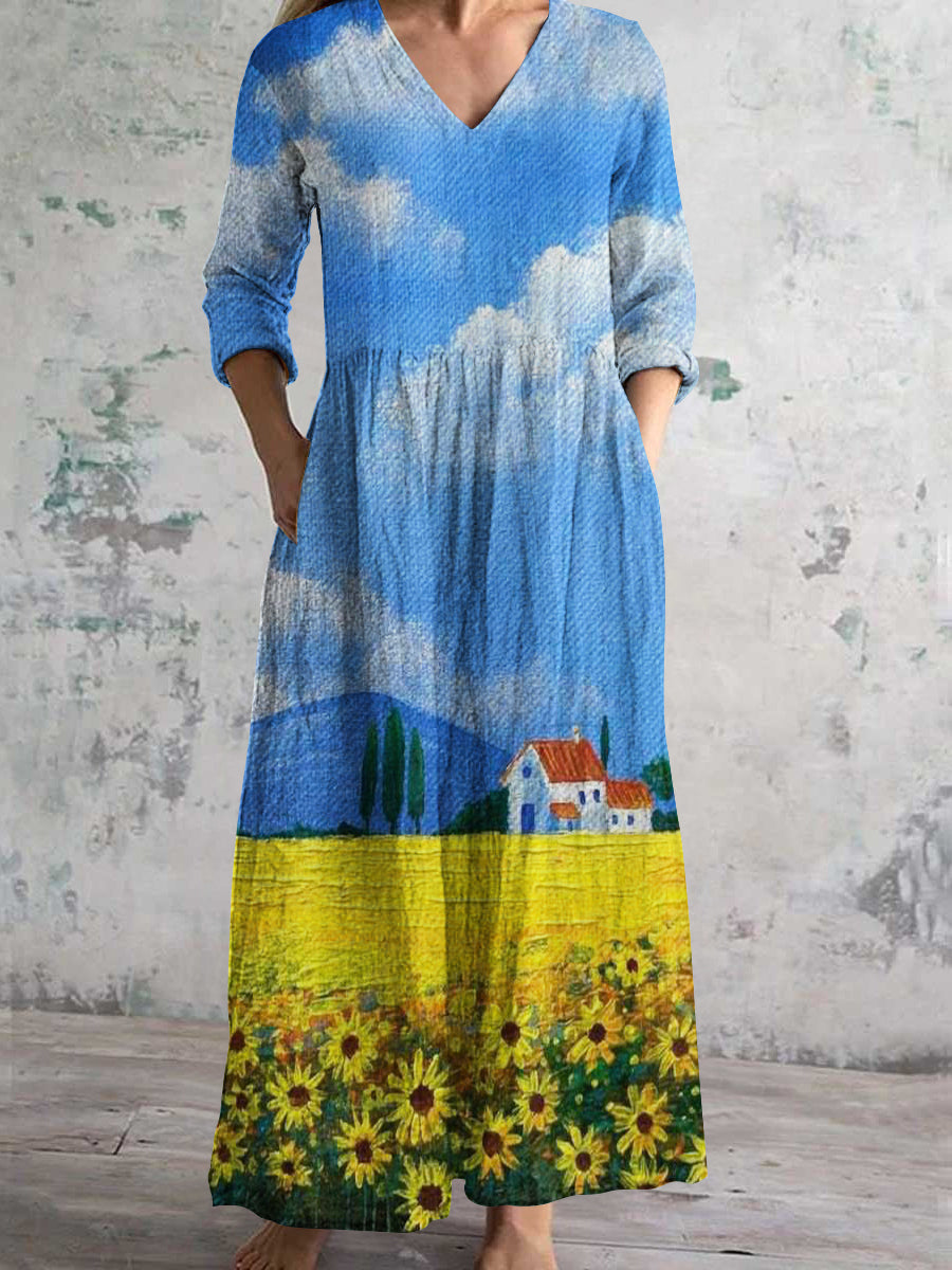 Women's V-Neck Floral Pastoral Landscape Art Print Cotton And Linen Pocket Dress