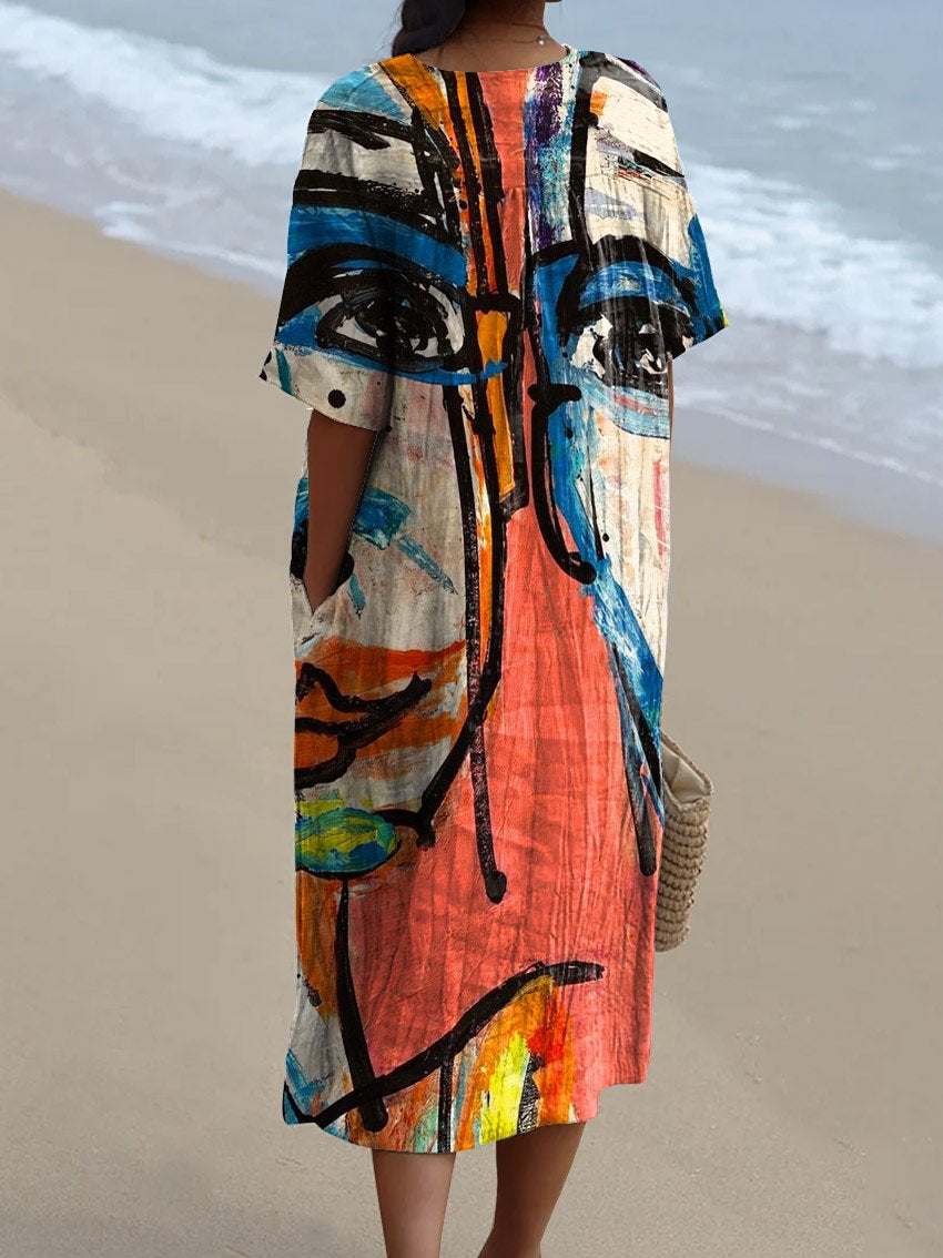 Women's Vintage Funny Abstract Figure Art Print Flowy Dress