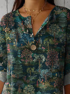 Tranquil Night Garden Repeat Pattern Printed Women's Casual Cotton Linen Shirt