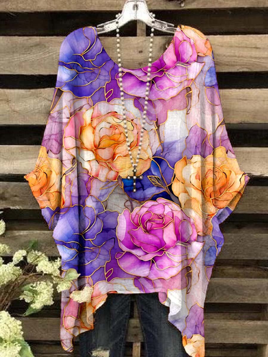 Women's V-neck Floral Cotton And Linen Top