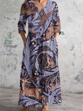 Women's V-Neck Deer and Rabbit Art Print Cotton and Linen Pocket Dress
