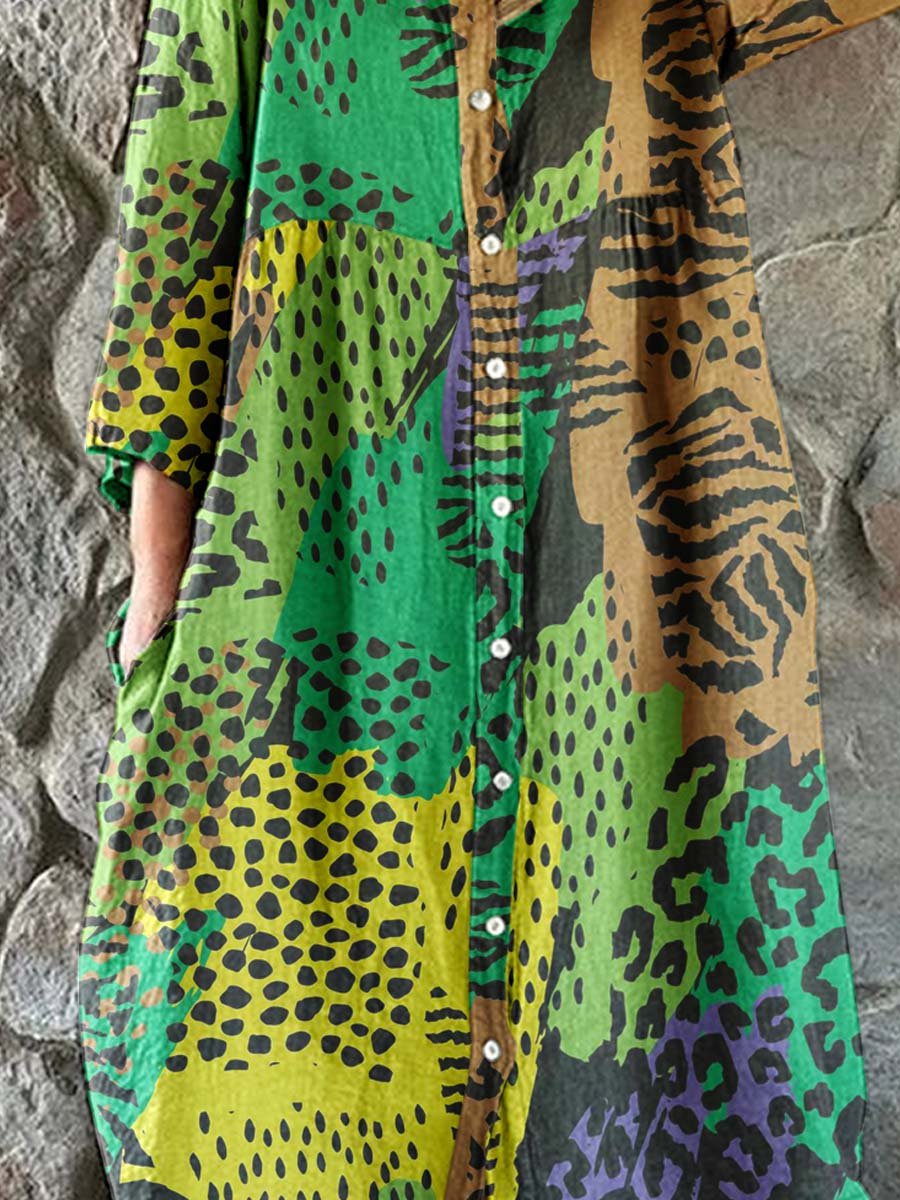 Women's Arty Leopard Print Cotton and Linen Shirt Dress