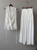 Casual Two-piece Set: Floral-print Linen & Cotton Top And Solid-color Trousers
